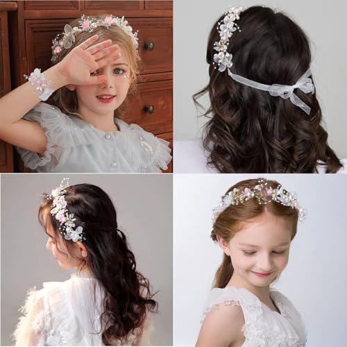 LAPOHI Bridal Flower Crown and Wrist Corsage Set with Pearl and Rhinestones