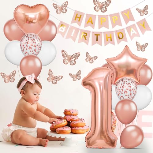Rose Gold 1st Birthday Decoration Set with Foil Balloons & Banner