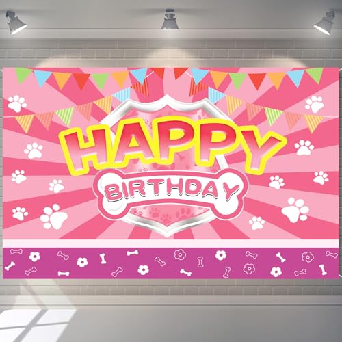 Happy Birthday Banner with Pink Paw Prints - 59x43 Inches