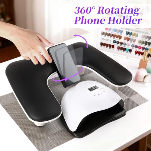 YINGJEE Manicure Arm Rest with Rotating Phone Holder - Black, Adjustable Nail Stand