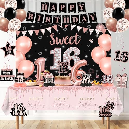 Rose Gold & Black Sweet 16 Party Decorations Kit