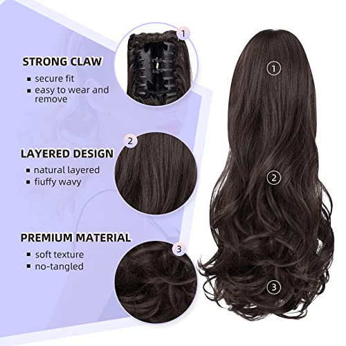 16" Black Brown Claw Clip Ponytail Extension - Natural Look