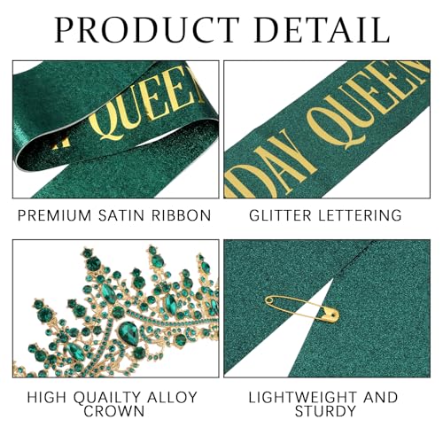 COCIDE Birthday Queen Green Rhinestone Tiara and Glitter Sash Set