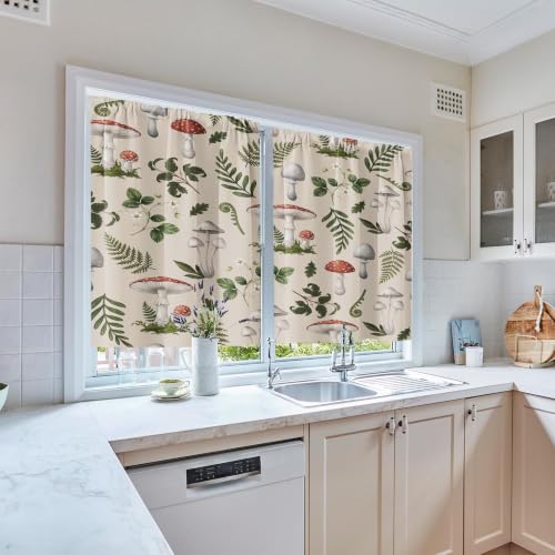 Arttown Mushrooms Kitchen Curtains - 36 Inch, 2 Pack Rod Pocket Drapes