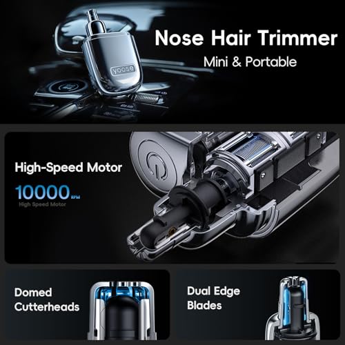 yoose Nose Hair Trimmer for Men and Women, Alloy Unibody, Painless Trimming, IPX7 Waterproof, Washable, USB-C Rechargeable, Long-Lasing, Low Noise, Portable Travel Electric Nose Trimmer, Silver
