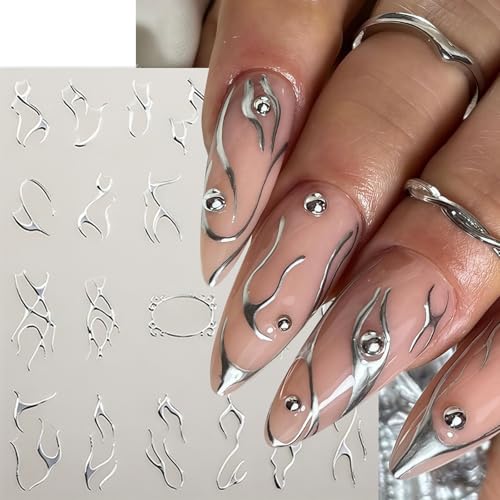 6 Sheets Silver Line Nail Art Stickers - 3D Abstract Design