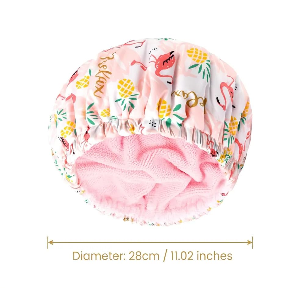 3 in 1 Shower Cap for Women, Pink Heart Print Reusable Waterproof Terry Lined Elastic Bath Wrap Long Braided Hair (Love)