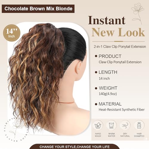 14 Inch Short Ponytail Extension H6A/26# | Curly Clip-In Synthetic Hair for Women - Chocolate Brown Mix Blonde