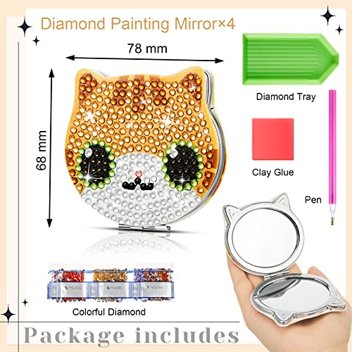 4 Pcs DIY Diamond Painting Compact Mirror Set - Cat Design Pocket Mirror