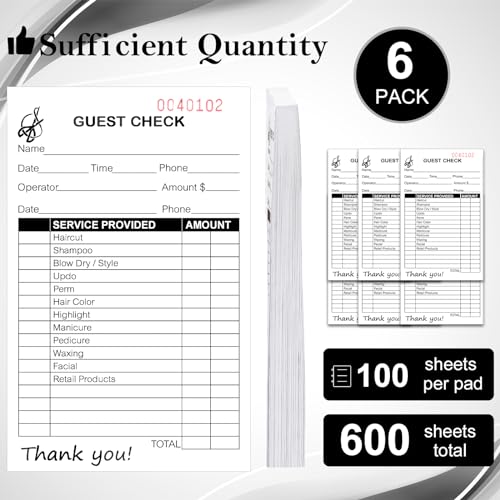 6 Pack Salon Check Pads - Guest Checks Books for Beauty Services