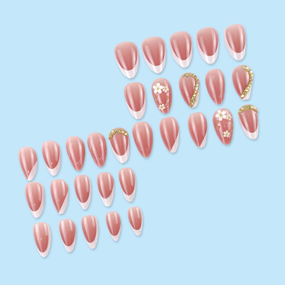 30Pcs White French Tip Press on Nails Medium Almond 3D Flower Fake Nails with Gold Rhinestone Designs Summer Pink False Nails Handmade Stick on Nails Artificial Nails Spring Glue on Nails for Women