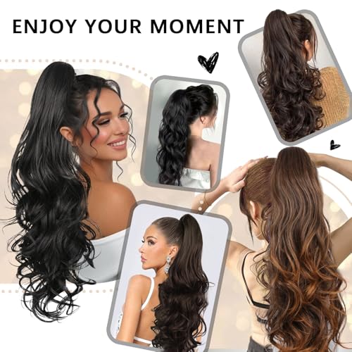 26 Inch Wavy Claw Clip Ponytail Extension - Black Synthetic Hair Piece