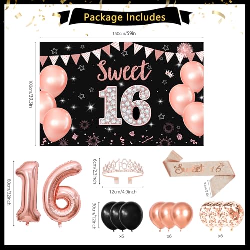 Rose Gold & Black Sweet 16 Party Decorations Kit