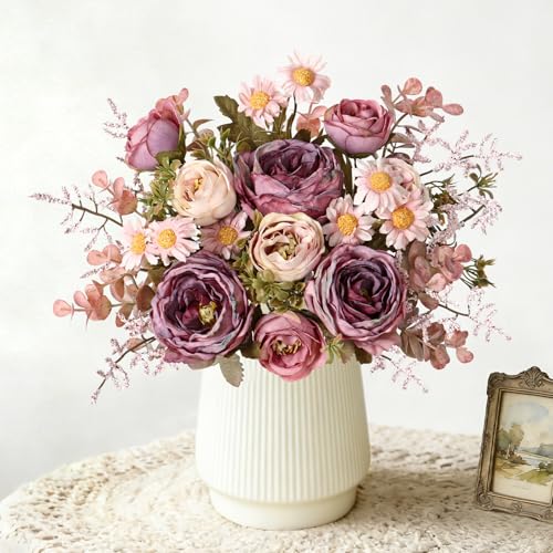 3PCS Pink Artificial Flower Bouquet - Silk Vintage Roses & Daisies