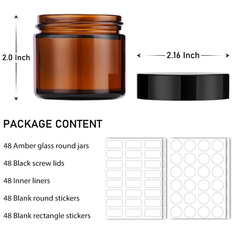 2 oz Glass Jars with Lids, 48 Pcs Bumobum Small Amber Glass Candle Jars with Black Lids, White Labels & Inner Liners, Empty Round Cosmetic Containers for Cream, Lotion, Slime, Ointment