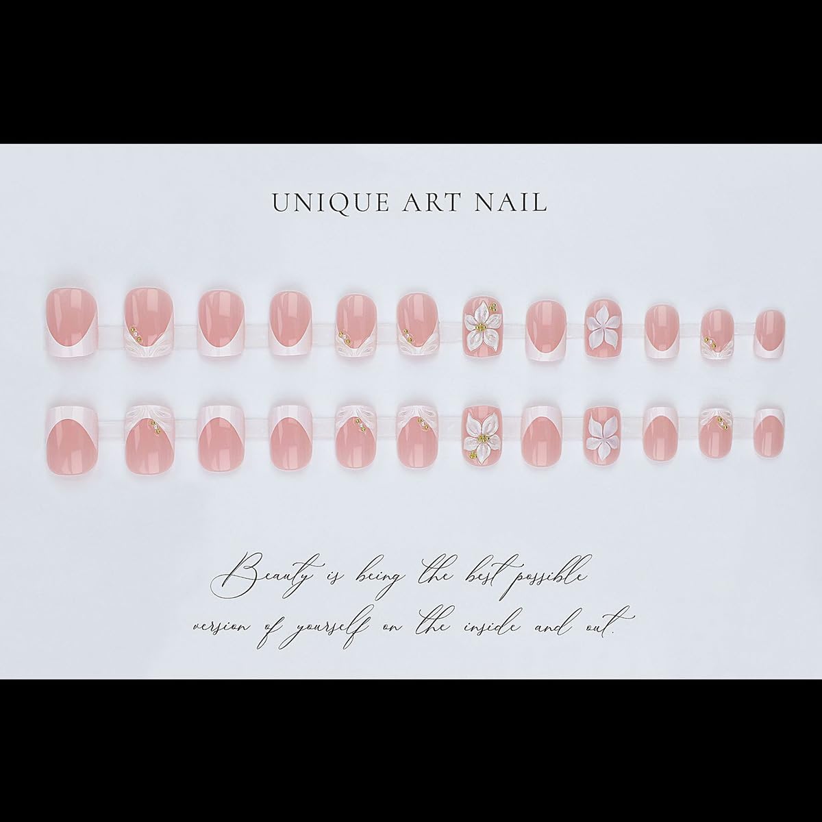 French Tip Press-On Nails - 24Pcs Short Square Design with 3D Flowers & Rhinestones | Glossy Natural Pink Full Cover