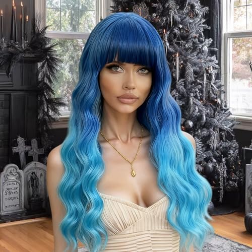 EVLYNN 24-Inch Long Wavy Blue Ombre Wig with Bangs - Heat Resistant Synthetic