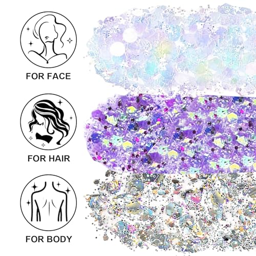 KIMIEYE White Silver Purple Body Glitter Gel Set for Raves & Festivals 1.7oz