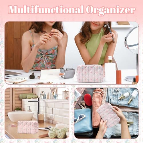 Quilted Floral Makeup Bag - Pink Cotton Cosmetic Pouch for Women