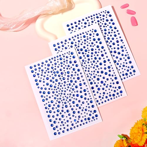 BYNYTO Dark Blue Face Gems 975pcs Self-Adhesive Rhinestones & Pearls for Makeup & DIY Crafts