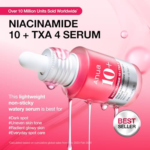 Anua Niacinamide 10 + TXA 4 Serum, Dark Spot Care, Hyaluronic Acid, Tranexamic Acid, Lightweight & Hydrating All-in-One Daily Facial Serum for Glass Skin, Korean Skincare, 1.01 fl.oz