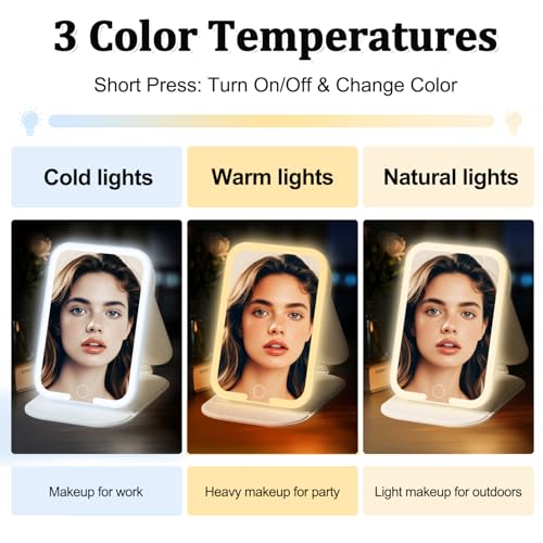 ZHUOTHAN Portable Rechargeable LED Travel Makeup Mirror with 3-Color Light