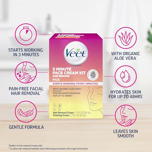 Veet 3 Minute Facial Hair Removal Cream for Women, Depilatory Cream with Organic Aloe Vera, 2 Piece Women's Facial Hair Remover Kit, 1.7 Fl Oz Remover + 1.7 Fl Oz Finishing