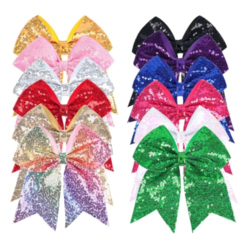 12-Color Jumbo Sequin Cheer Bow Set – 7-Inch Glitter Hair Clips for Girls