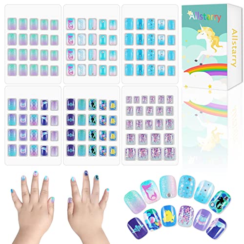 Allstarry 124 Piece Blue Mermaid Press-On Nails for Kids