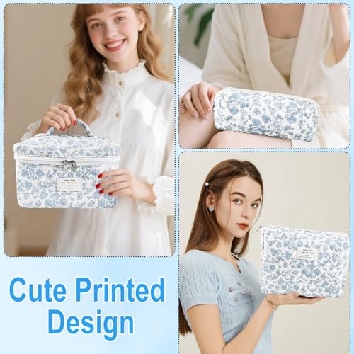 URSKYTOUS 3-Piece Quilted Cosmetic Bag Set - White Blue Travel Makeup Pouch