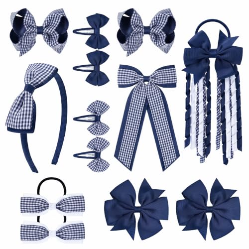 DEEKA 13-Piece Navy Blue Gingham School Hair Accessories Set for Girls