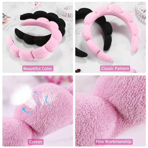 Ztomine Spa Headbands for Washing Face or Facial, Set of 2 Skincare Headbands, Terry Cloth Headband Wash Combo Pack - Puffy Makeup Washing, Mask, Skin Treatment (Black & Pink)