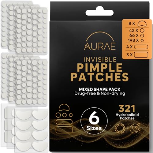 AURAE Hydrocolloid Pimple Patches Variety Pack - 321 Invisible Acne Patches in 6 Shapes