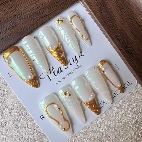White Gold Pearlescent Long Stiletto Press On Nails - Size M