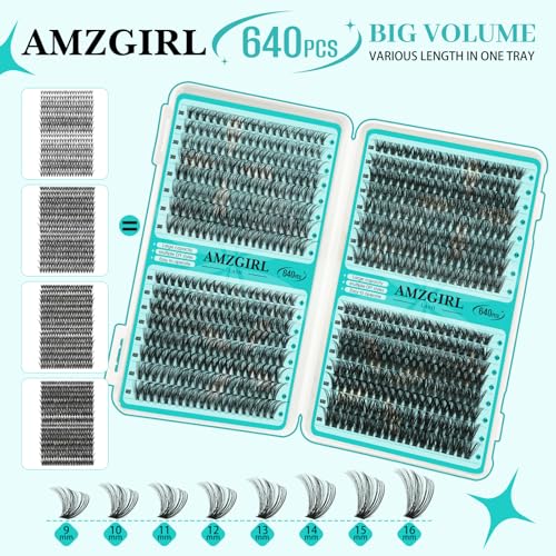 AMZGIRL Lash Clusters Kit 640Pcs 9-16mm Fake Eyelash Extensions DIY A-640Pcs-30405060D