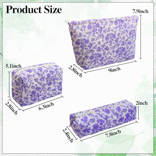 3-Piece Floral Quilted Makeup Bag Set - Cotton Cosmetic Travel Organizer