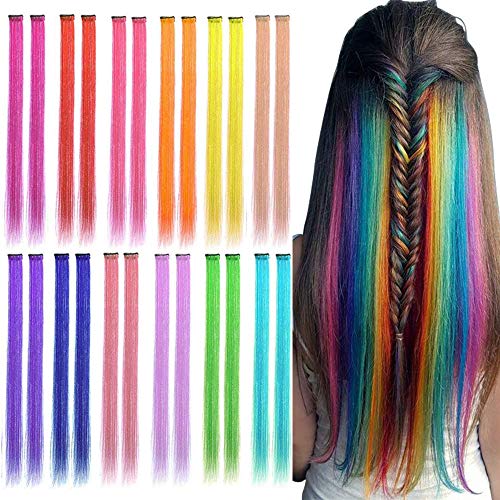 24Pcs 22-Inch Colorful Clip-In Hair Extensions, Heat-Resistant Rainbow