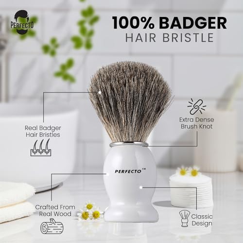 Perfecto 100% Pure Badger Hair Shaving Brush - White Handle