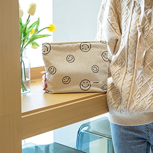Corduroy Makeup Bag for Women - Smiley Face Cosmetic Organizer