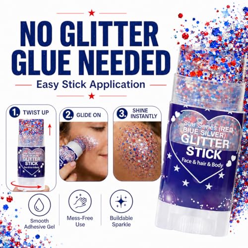 Patriotic Red White and Blue Hair Glitter Stick, 4th of July Accessories, AmericaFlag Face Body Glitter for Fourth of July Outfits Women, Waterproof Glitter Makeup for Independence Day Anniversary