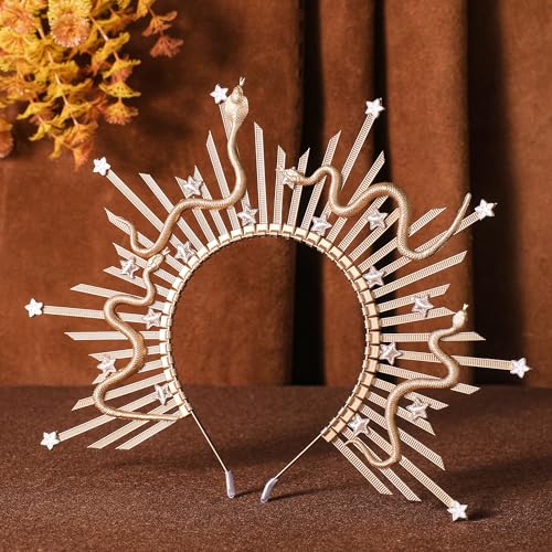 Medusa Halo Crown Headpiece - Gold Snake Spiked Sunburst Headband, Adjustable Costume Accessory