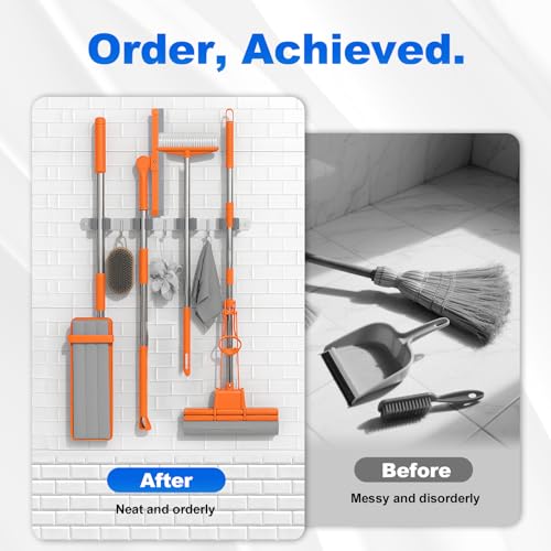 Broom Holder Wall Mount Organizer with 4 Racks & 3 Hooks - 2 Pack