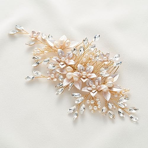 SWEETV Gold Pearl Flower Bridal Hair Comb - Handmade Wedding Accessory