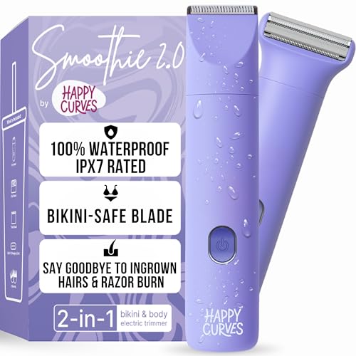 HAPPY CURVES Smoothie 2.0 Bikini Trimmer - Electric Razor for Women, Waterproof Hair Groomer with Adjustable Guards, Personal Shaver for Pubic Hair, Ladies Intimate Shaver and Body Trimmer (Berry)