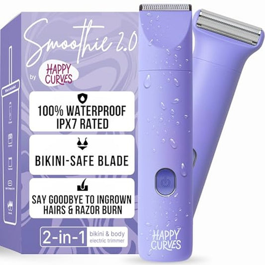 HAPPY CURVES Smoothie 2.0 Bikini Trimmer - Electric Razor for Women, Waterproof Hair Groomer with Adjustable Guards, Personal Shaver for Pubic Hair, Ladies Intimate Shaver and Body Trimmer (Berry)