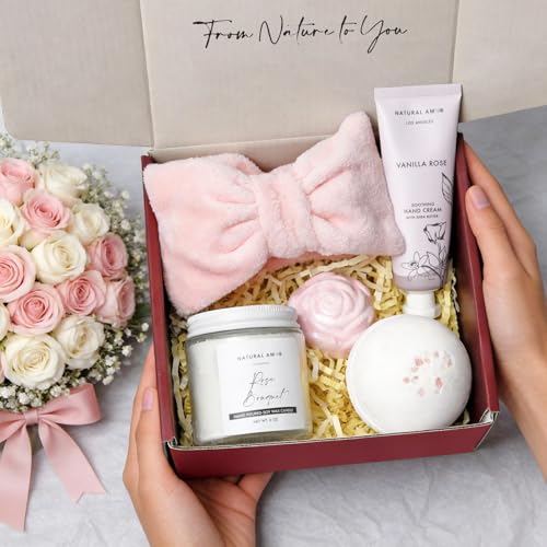 Natural Amor Rose Spa Gift Set for Women - 5-Piece Self Care Bath Box