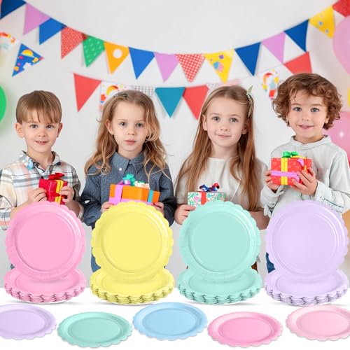 72 Pcs Pastel Scalloped Paper Plates - 7 Inch Disposable Rainbow Party Tableware