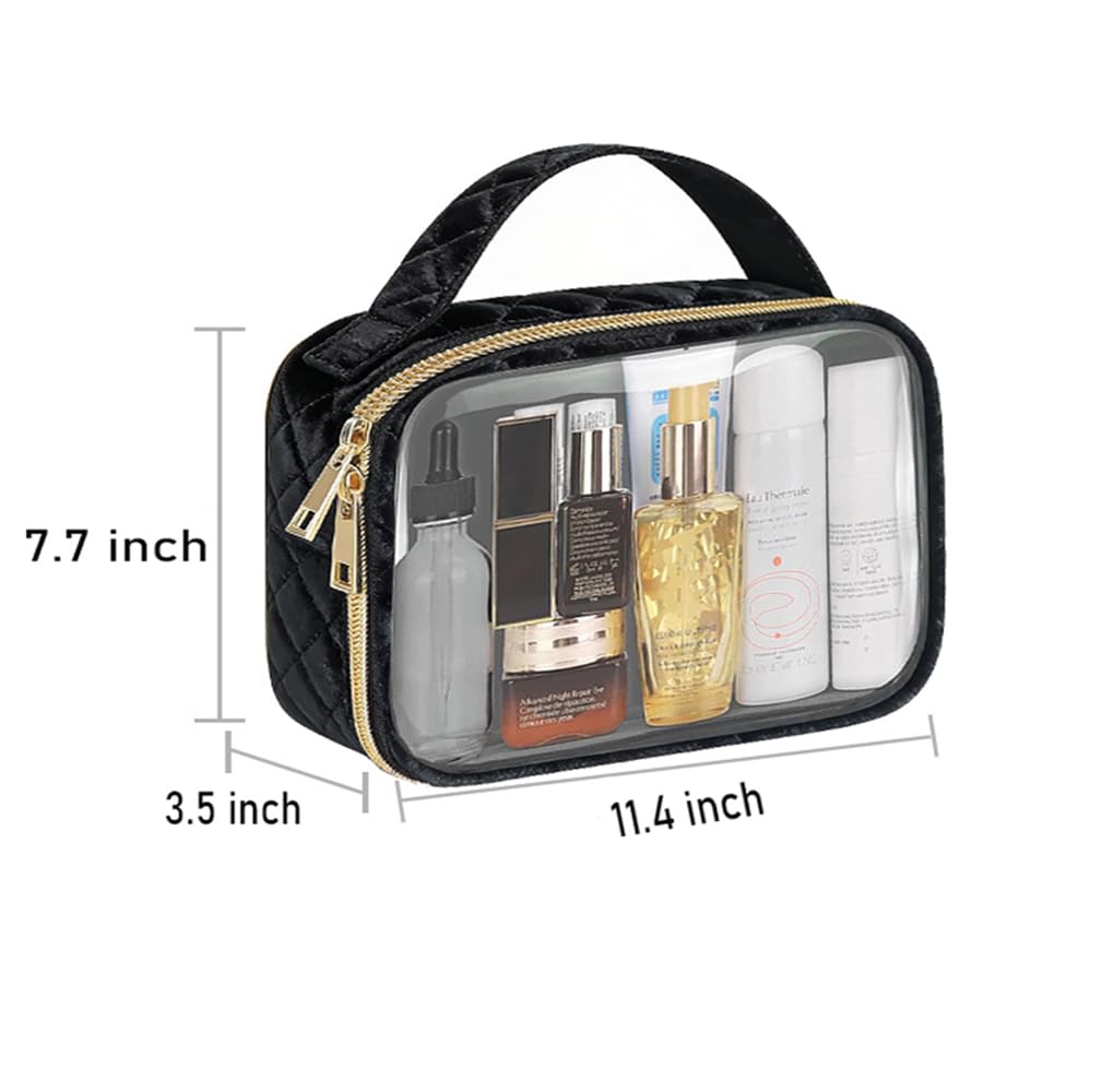 HYOOG Clear Makeup Bag with Handle, PVC Toiletry Bag for Travel, Airport Airline Compliant Cosmetic Organizer, Black with Gold Zipper (1, Black)