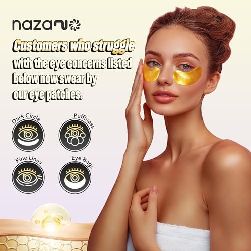 NAZANO 24K Gold Under Eye Patches - 60 Pack for Puffy Eyes, Dark Circles, Bags & Wrinkles with Collagen & Hyaluronic Acid - Eye Care Pads for Daily Skincare (Gold)