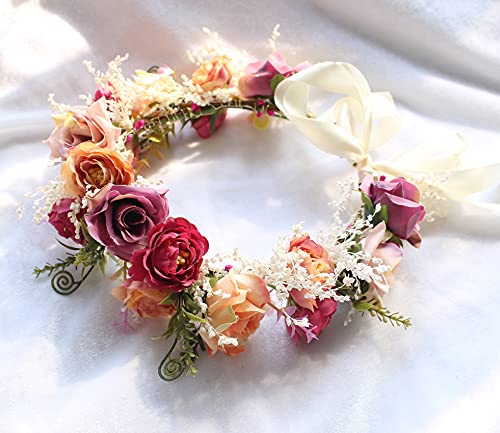 LLinfflr Boho Rose Flower Crown Headband | Adjustable Floral Halo for Weddings & Cosplay